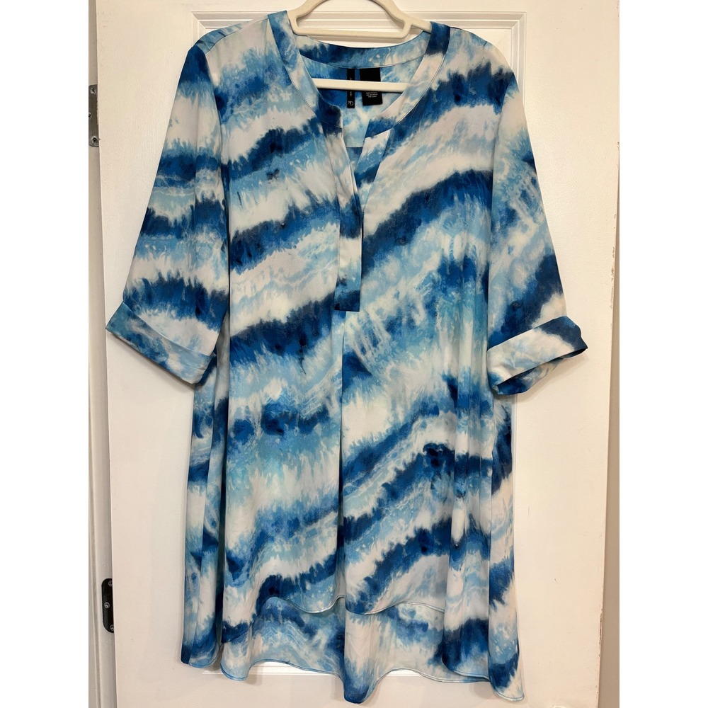 New Directions Blue White Tie Dye Tunic Top XL V-Neck Cuffed Sleeve High Low Hem